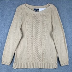Karen Scott Women's Cable Knit Sweater Large Beige W/ Gold Accents NWT